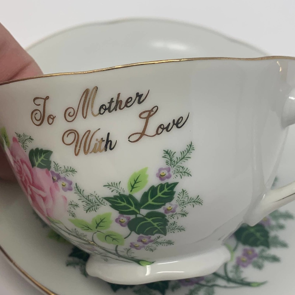 NORCREST FOOTED CUP & SAUCER To Mother With Love GOLD LETTERS Pink Flowers